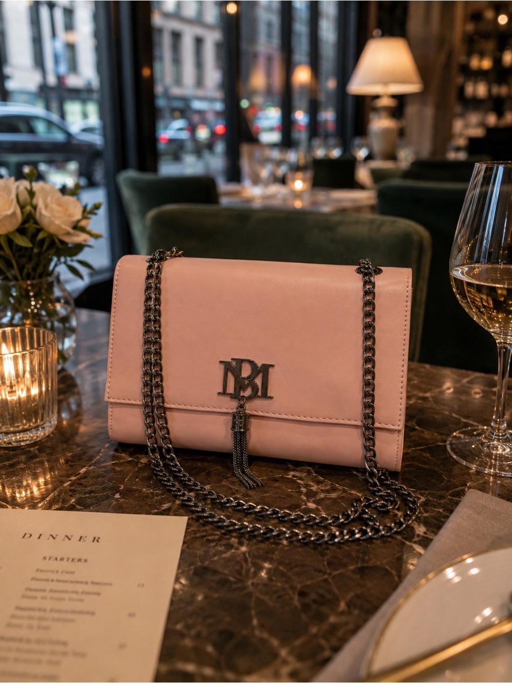 NWT Badgley Mischka Blush Pink bag w/Gunmetal Chain Strap, Logo & Tassel